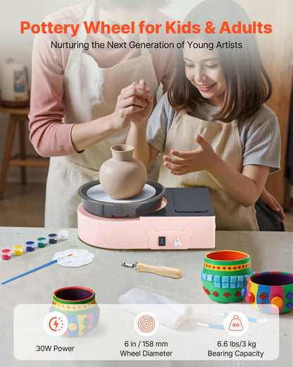 Mini Pottery Wheel, 6 inch Turntable, Forward and Reverse Rotation, Adjustable Speed, Electric Clay Wheel for Kids and Adults, with Clay Shaping Tools, for Home DIY, Pottery Classes, Pink