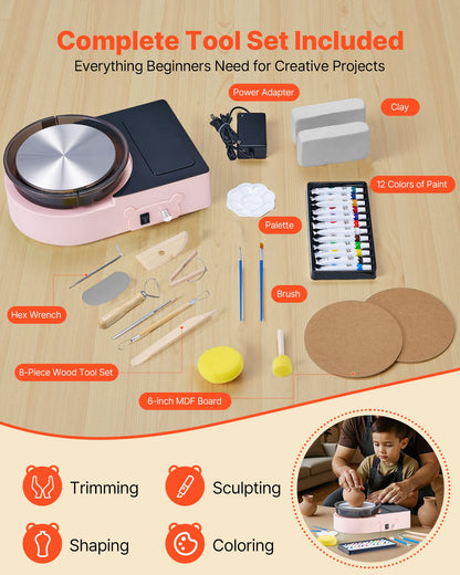 Mini Pottery Wheel, 6 inch Turntable, Forward and Reverse Rotation, Adjustable Speed, Electric Clay Wheel for Kids and Adults, with Clay Shaping Tools, for Home DIY, Pottery Classes, Pink