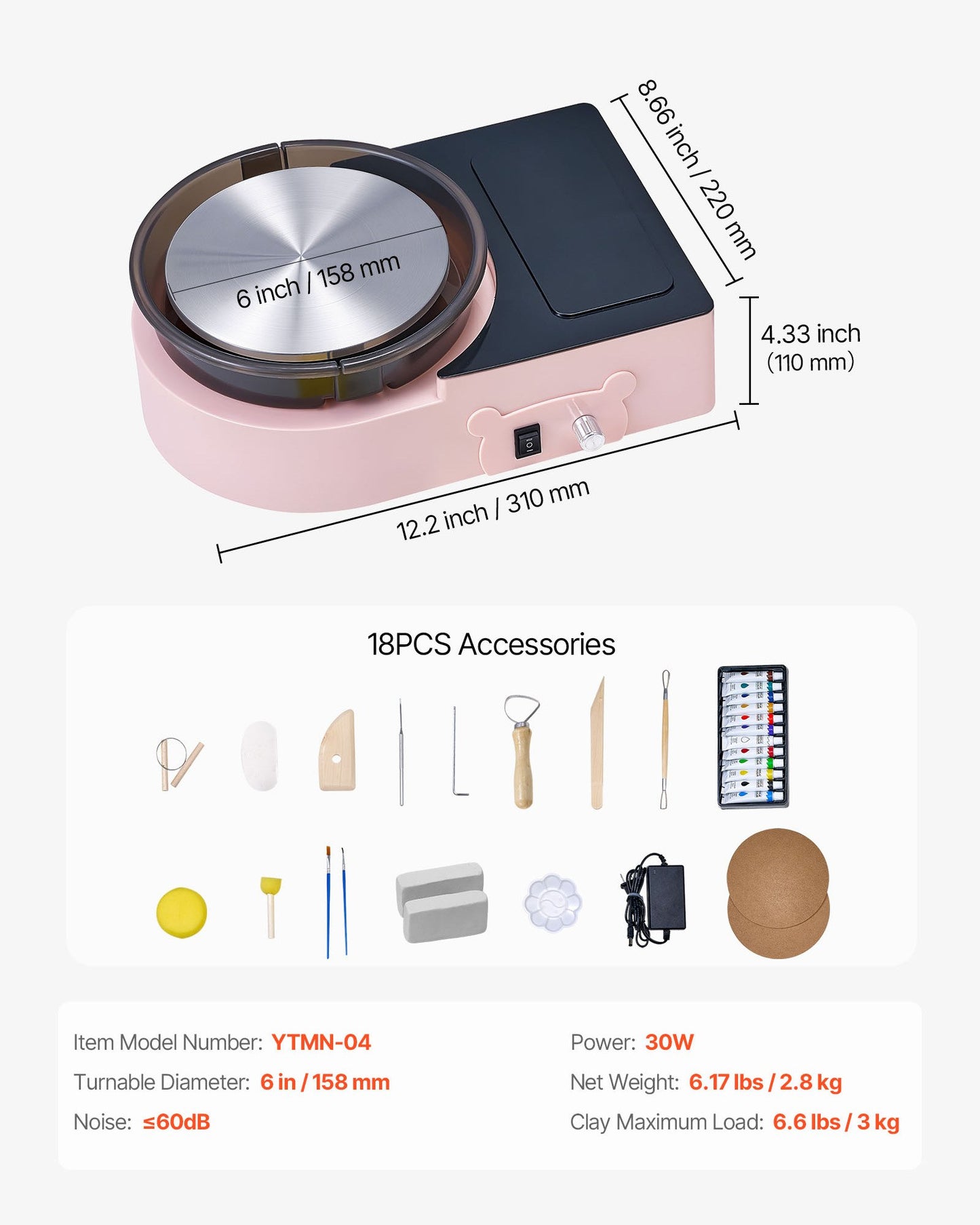 Mini Pottery Wheel, 6 inch Turntable, Forward and Reverse Rotation, Adjustable Speed, Electric Clay Wheel for Kids and Adults, with Clay Shaping Tools, for Home DIY, Pottery Classes, Pink