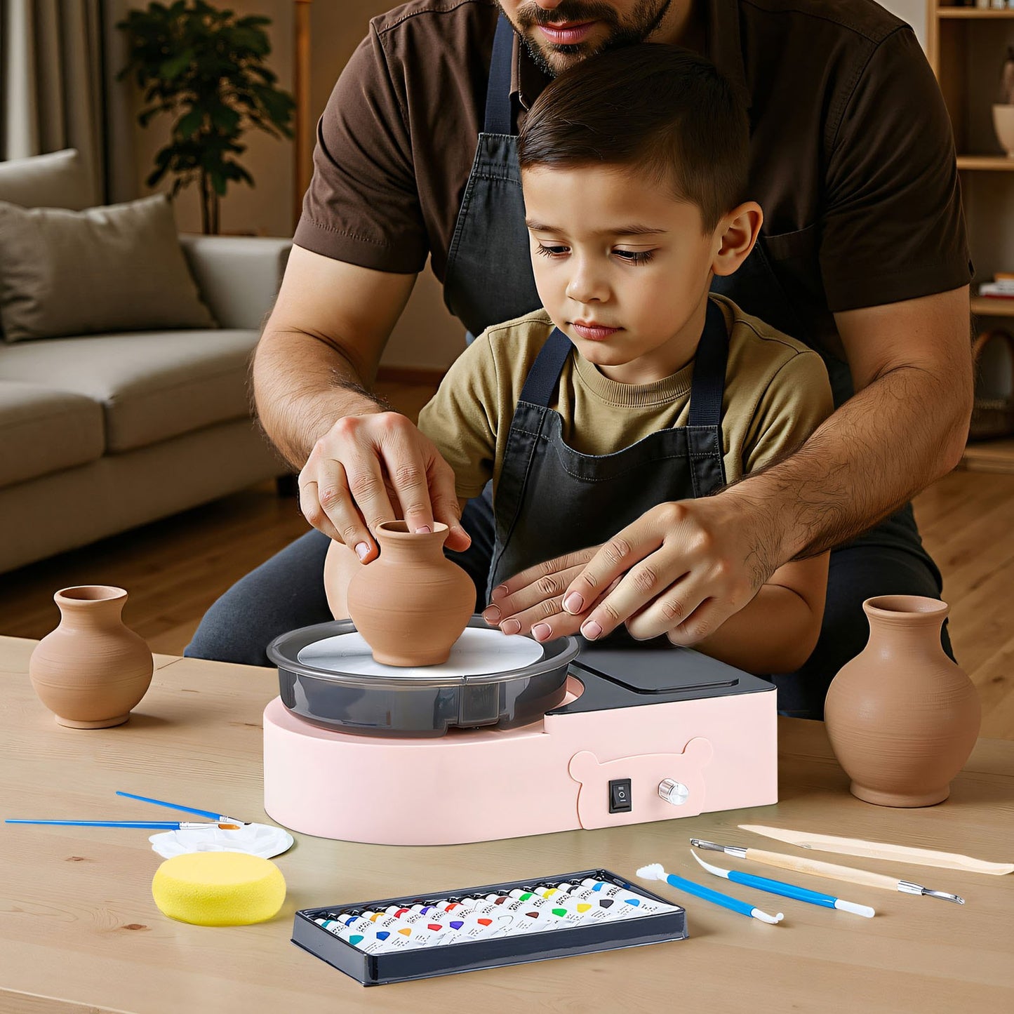 Mini Pottery Wheel, 6 inch Turntable, Forward and Reverse Rotation, Adjustable Speed, Electric Clay Wheel for Kids and Adults, with Clay Shaping Tools, for Home DIY, Pottery Classes, Pink