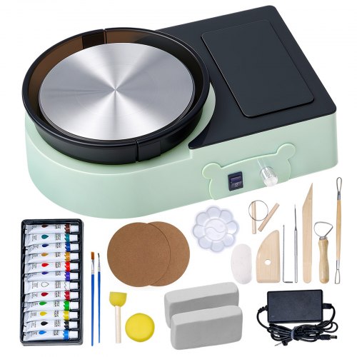 Mini Pottery Wheel, 6 inch Turntable, Forward and Reverse Rotation, Adjustable Speed, Electric Clay Wheel for Kids and Adults, with Clay Shaping Tools, for Home DIY, Pottery Classes, Green