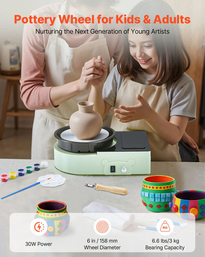 Mini Pottery Wheel, 6 inch Turntable, Forward and Reverse Rotation, Adjustable Speed, Electric Clay Wheel for Kids and Adults, with Clay Shaping Tools, for Home DIY, Pottery Classes, Green