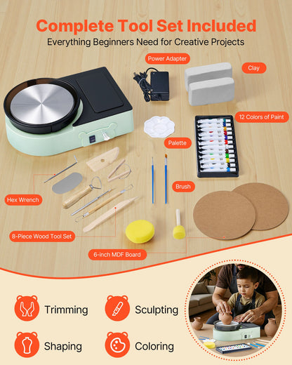 Mini Pottery Wheel, 6 inch Turntable, Forward and Reverse Rotation, Adjustable Speed, Electric Clay Wheel for Kids and Adults, with Clay Shaping Tools, for Home DIY, Pottery Classes, Green