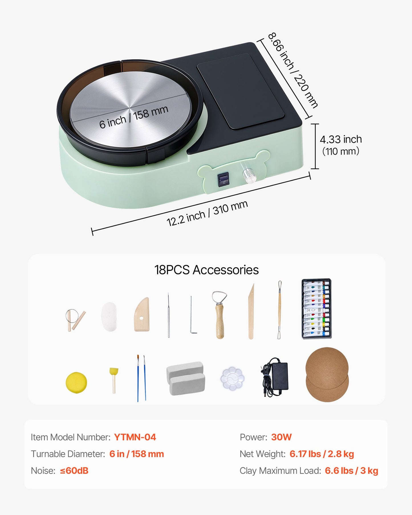 Mini Pottery Wheel, 6 inch Turntable, Forward and Reverse Rotation, Adjustable Speed, Electric Clay Wheel for Kids and Adults, with Clay Shaping Tools, for Home DIY, Pottery Classes, Green