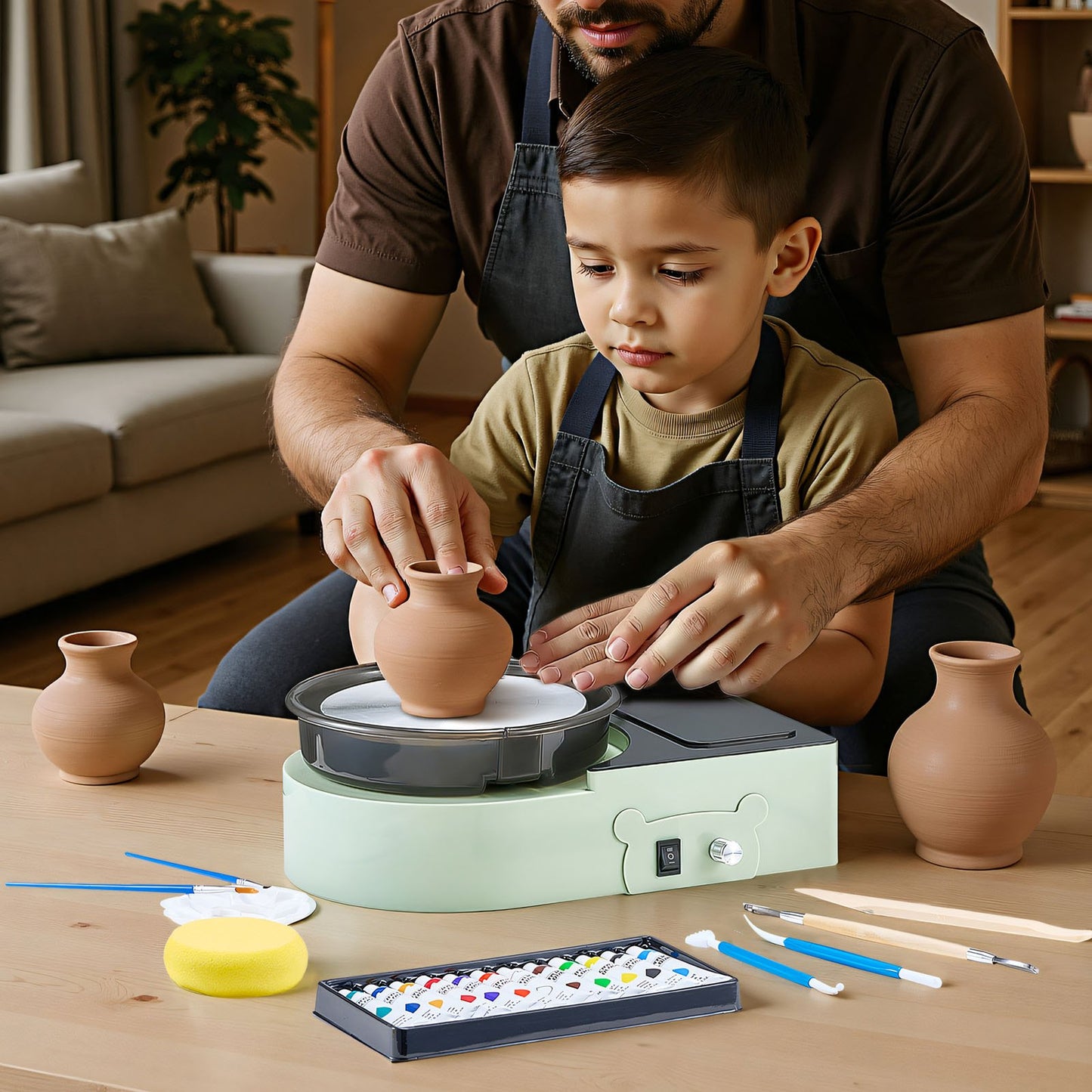 Mini Pottery Wheel, 6 inch Turntable, Forward and Reverse Rotation, Adjustable Speed, Electric Clay Wheel for Kids and Adults, with Clay Shaping Tools, for Home DIY, Pottery Classes, Green