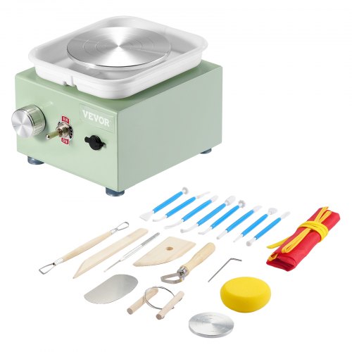 Mini Pottery Wheel, 0-320RPM Adjustable Speed Detachable Basin Forming Machine, 2.56in/3.94in 2 Turntables Electric Ceramic Wheel Machine, 18pcs Accessories, for Art Craft Work Home DIY, Green
