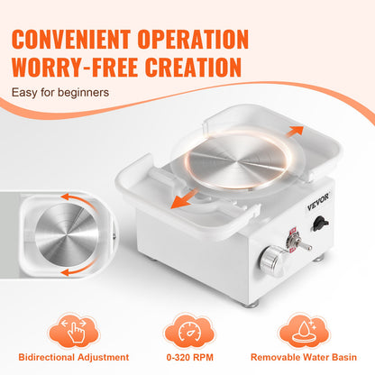 Mini Pottery Wheel, 0-320RPM Adjustable Speed Detachable Basin Forming Machine, 2.56in/3.94in 2 Turntables Electric Ceramic Wheel Machine, 18pcs Accessories, for Art Craft Work Home DIY, White