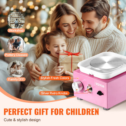 Mini Pottery Wheel, 0-320RPM Adjustable Speed Detachable Basin Forming Machine, 2.56in/3.94in 2 Turntables Electric Ceramic Wheel Machine, 18pcs Accessories, for Art Craft Work Home DIY, Pink