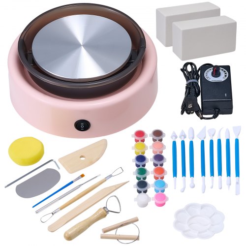 Mini Pottery Wheel, 6 inch Turntable, Forward and Reverse Rotation, Adjustable Speed, Electric Clay Wheel for Kids and Beginners, with Shaping Tools, for Home DIY, Pottery Classes, Pink