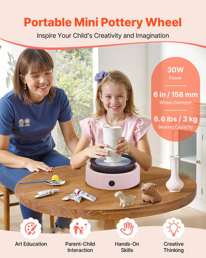 Mini Pottery Wheel, 6 inch Turntable, Forward and Reverse Rotation, Adjustable Speed, Electric Clay Wheel for Kids and Beginners, with Shaping Tools, for Home DIY, Pottery Classes, Pink
