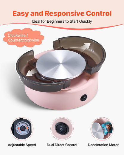 Mini Pottery Wheel, 6 inch Turntable, Forward and Reverse Rotation, Adjustable Speed, Electric Clay Wheel for Kids and Beginners, with Shaping Tools, for Home DIY, Pottery Classes, Pink