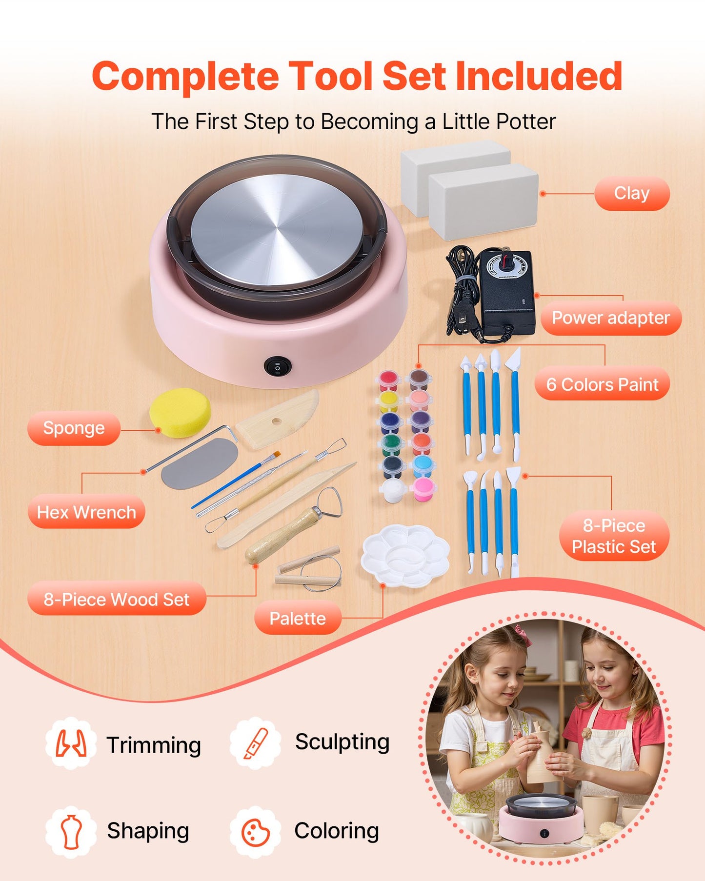 Mini Pottery Wheel, 6 inch Turntable, Forward and Reverse Rotation, Adjustable Speed, Electric Clay Wheel for Kids and Beginners, with Shaping Tools, for Home DIY, Pottery Classes, Pink