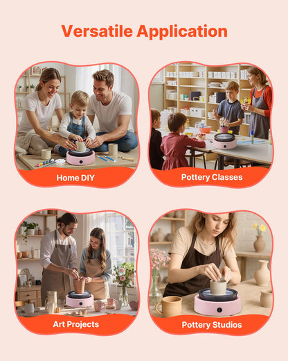 Mini Pottery Wheel, 6 inch Turntable, Forward and Reverse Rotation, Adjustable Speed, Electric Clay Wheel for Kids and Beginners, with Shaping Tools, for Home DIY, Pottery Classes, Pink