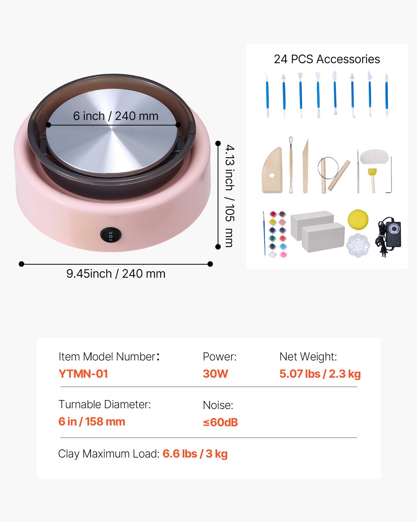 Mini Pottery Wheel, 6 inch Turntable, Forward and Reverse Rotation, Adjustable Speed, Electric Clay Wheel for Kids and Beginners, with Shaping Tools, for Home DIY, Pottery Classes, Pink