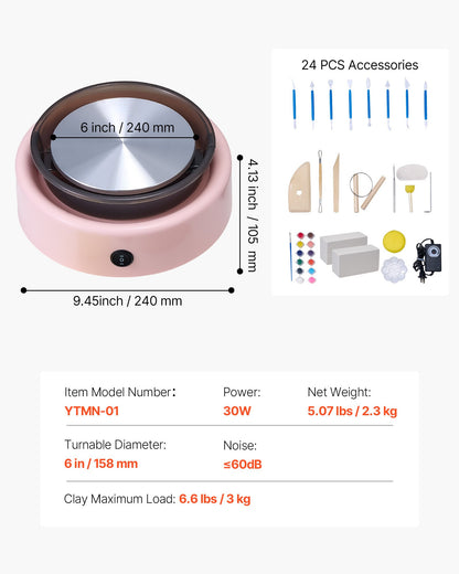 Mini Pottery Wheel, 6 inch Turntable, Forward and Reverse Rotation, Adjustable Speed, Electric Clay Wheel for Kids and Beginners, with Shaping Tools, for Home DIY, Pottery Classes, Pink