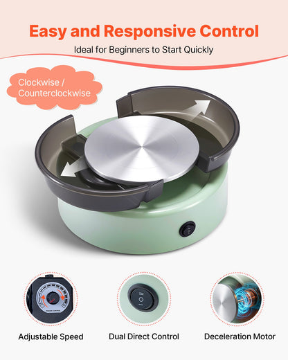 Mini Pottery Wheel, 6 inch Turntable, Forward and Reverse Rotation, Adjustable Speed, Electric Clay Wheel for Kids and Beginners, with Shaping Tools, for Home DIY, Pottery Classes, Green