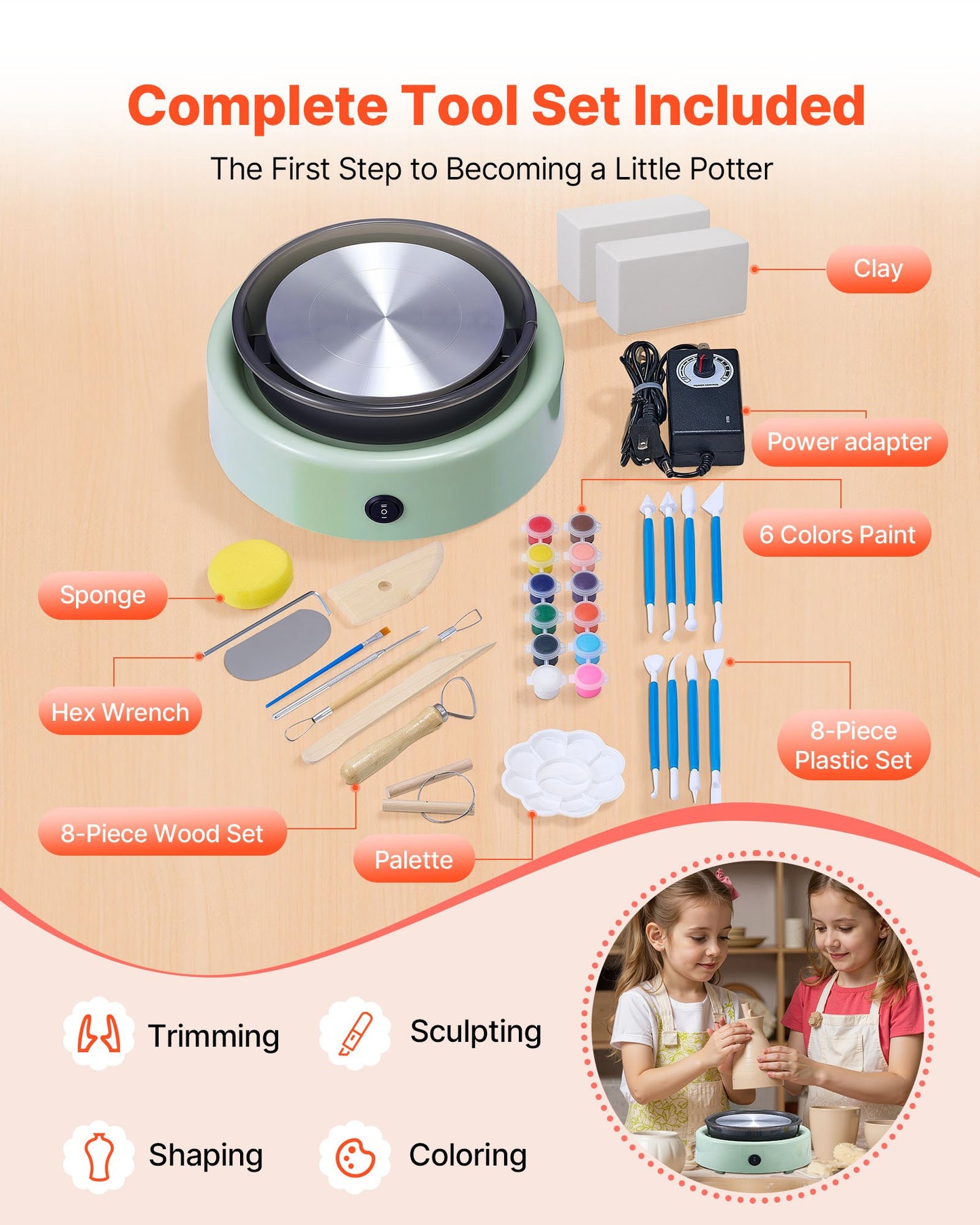 Mini Pottery Wheel, 6 inch Turntable, Forward and Reverse Rotation, Adjustable Speed, Electric Clay Wheel for Kids and Beginners, with Shaping Tools, for Home DIY, Pottery Classes, Green