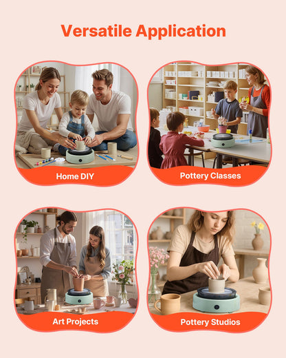 Mini Pottery Wheel, 6 inch Turntable, Forward and Reverse Rotation, Adjustable Speed, Electric Clay Wheel for Kids and Beginners, with Shaping Tools, for Home DIY, Pottery Classes, Green