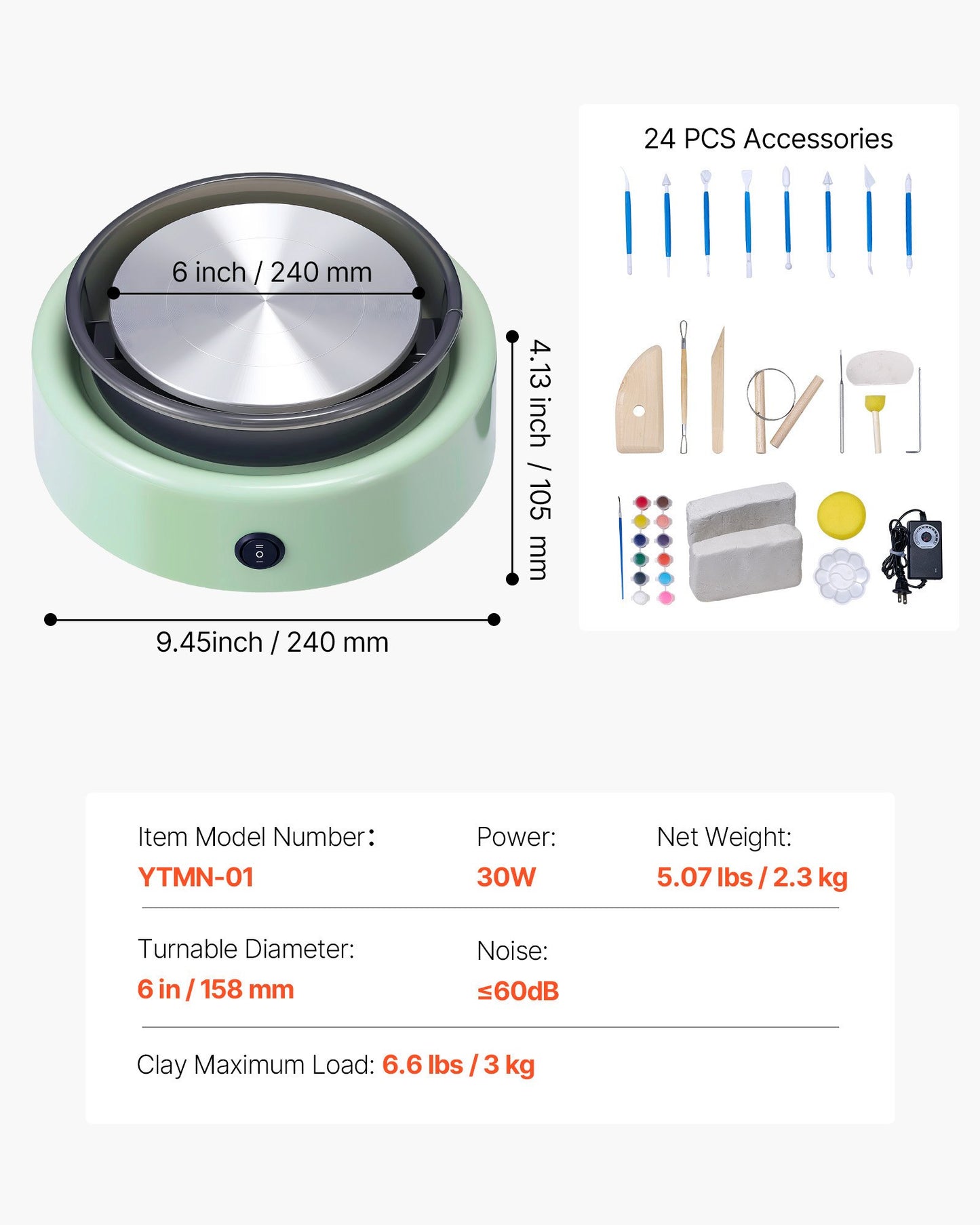 Mini Pottery Wheel, 6 inch Turntable, Forward and Reverse Rotation, Adjustable Speed, Electric Clay Wheel for Kids and Beginners, with Shaping Tools, for Home DIY, Pottery Classes, Green