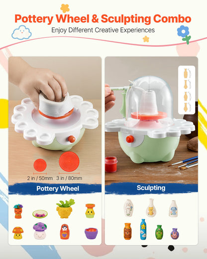 Mini Pottery Wheel, 2 in and 3 in Turntables, Adjustable Speed, Electric Clay Wheel for Kids and Beginners, Complete Pottery Set with Clay Sculpting Tools, Gift for Boys and Girls, Green