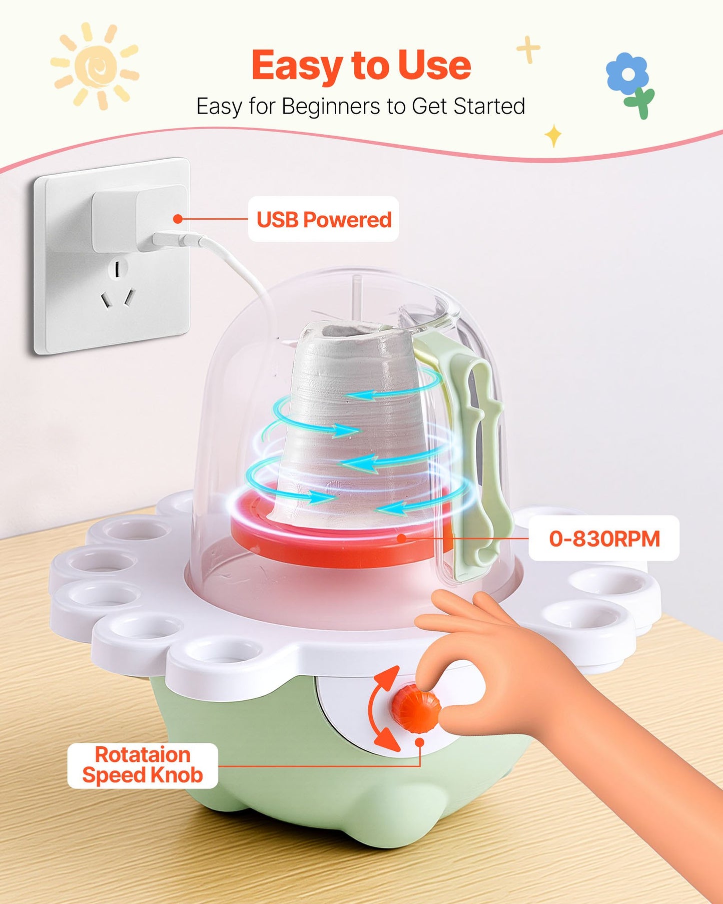 Mini Pottery Wheel, 2 in and 3 in Turntables, Adjustable Speed, Electric Clay Wheel for Kids and Beginners, Complete Pottery Set with Clay Sculpting Tools, Gift for Boys and Girls, Green