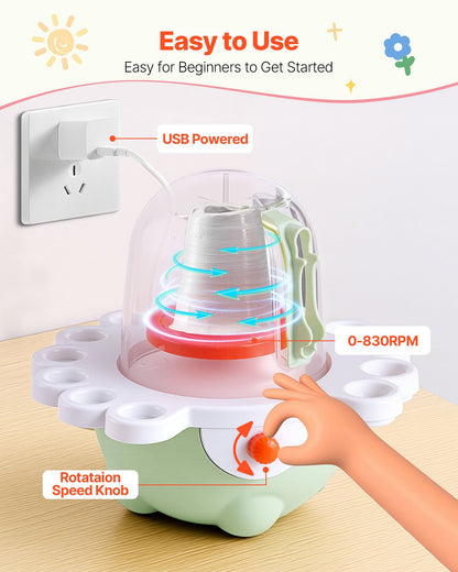 Mini Pottery Wheel, 2 in and 3 in Turntables, Adjustable Speed, Electric Clay Wheel for Kids and Beginners, Complete Pottery Set with Clay Sculpting Tools, Gift for Boys and Girls, Green