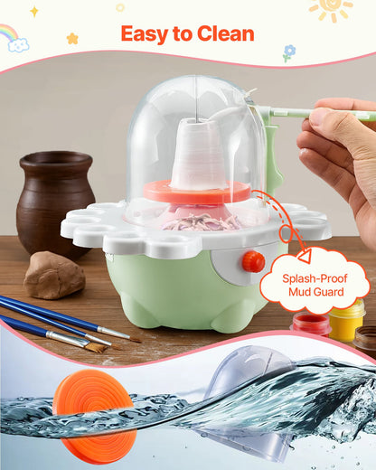 Mini Pottery Wheel, 2 in and 3 in Turntables, Adjustable Speed, Electric Clay Wheel for Kids and Beginners, Complete Pottery Set with Clay Sculpting Tools, Gift for Boys and Girls, Green