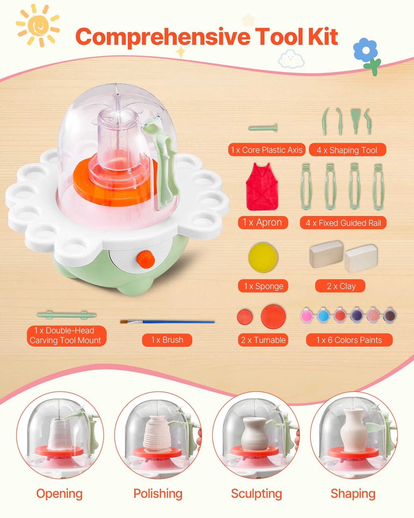 Mini Pottery Wheel, 2 in and 3 in Turntables, Adjustable Speed, Electric Clay Wheel for Kids and Beginners, Complete Pottery Set with Clay Sculpting Tools, Gift for Boys and Girls, Green