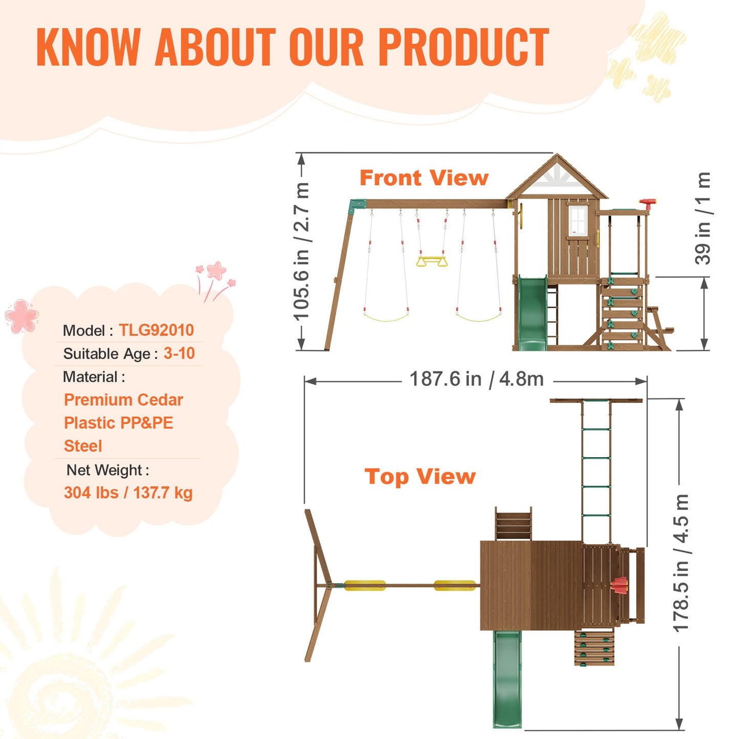 Holzschaukeln 10 in 1 Outdoor-Spielplatz-Set 6 FT Slide Upper Fort