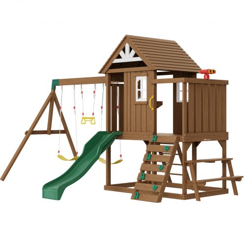 Wooden Swing Set, 9 IN 1 Outdoor Playground Sets for Backyards, 2 Swings, Trapeze Bar, 6 FT Slide, Large Upper Fort with Kitchen Toys, Flat Step Ladder, Rock Wall, Picnic Table, Sandbox