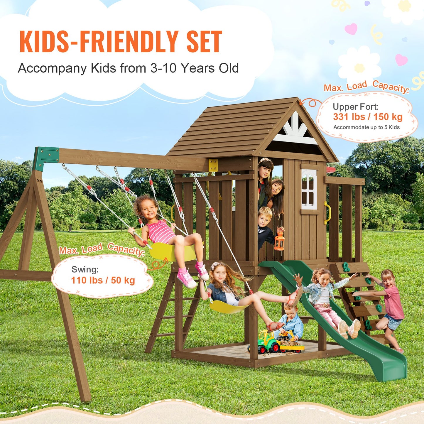 Wooden Swing Set, 9 IN 1 Outdoor Playground Sets for Backyards, 2 Swings, Trapeze Bar, 6 FT Slide, Large Upper Fort with Kitchen Toys, Flat Step Ladder, Rock Wall, Picnic Table, Sandbox