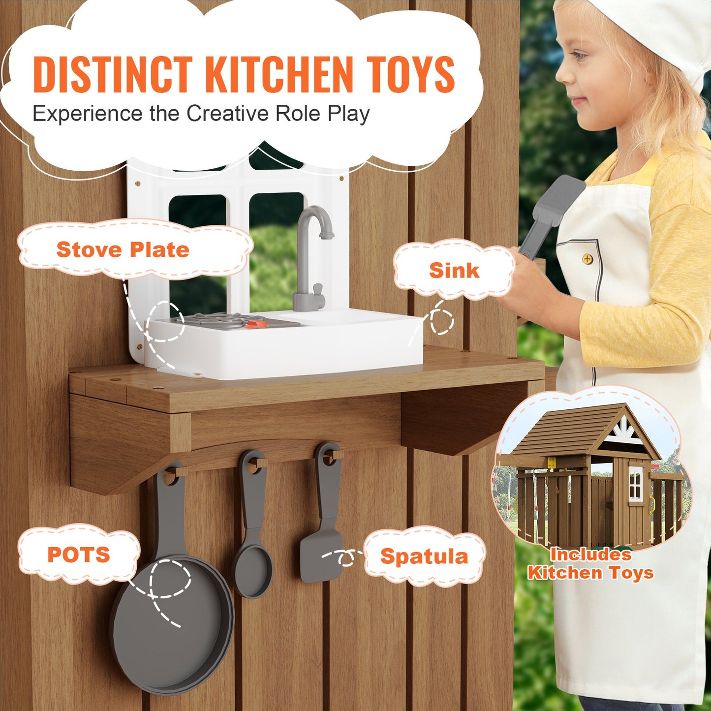 Wooden Swing Set, 9 IN 1 Outdoor Playground Sets for Backyards, 2 Swings, Trapeze Bar, 6 FT Slide, Large Upper Fort with Kitchen Toys, Flat Step Ladder, Rock Wall, Picnic Table, Sandbox