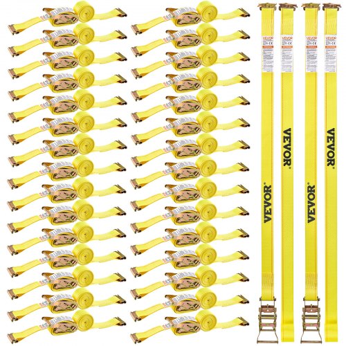 Ratchet Straps, 2 in x 15 ft, 30 Pack E-Track Tie Down Straps, 4400 lbs Break Strength & 1460 lbs Rated Load, Tie Down Ratcheting for Moving, Trailers, Motorcycles, Kayaks, Car Roof, Yellow