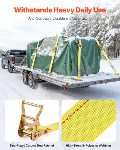 Ratchet Straps, 2 in x 15 ft, 30 Pack E-Track Tie Down Straps, 4400 lbs Break Strength & 1460 lbs Rated Load, Tie Down Ratcheting for Moving, Trailers, Motorcycles, Kayaks, Car Roof, Yellow