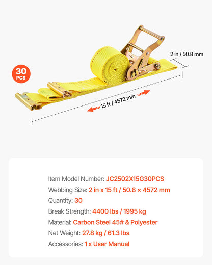 Ratchet Straps, 2 in x 15 ft, 30 Pack E-Track Tie Down Straps, 4400 lbs Break Strength & 1460 lbs Rated Load, Tie Down Ratcheting for Moving, Trailers, Motorcycles, Kayaks, Car Roof, Yellow