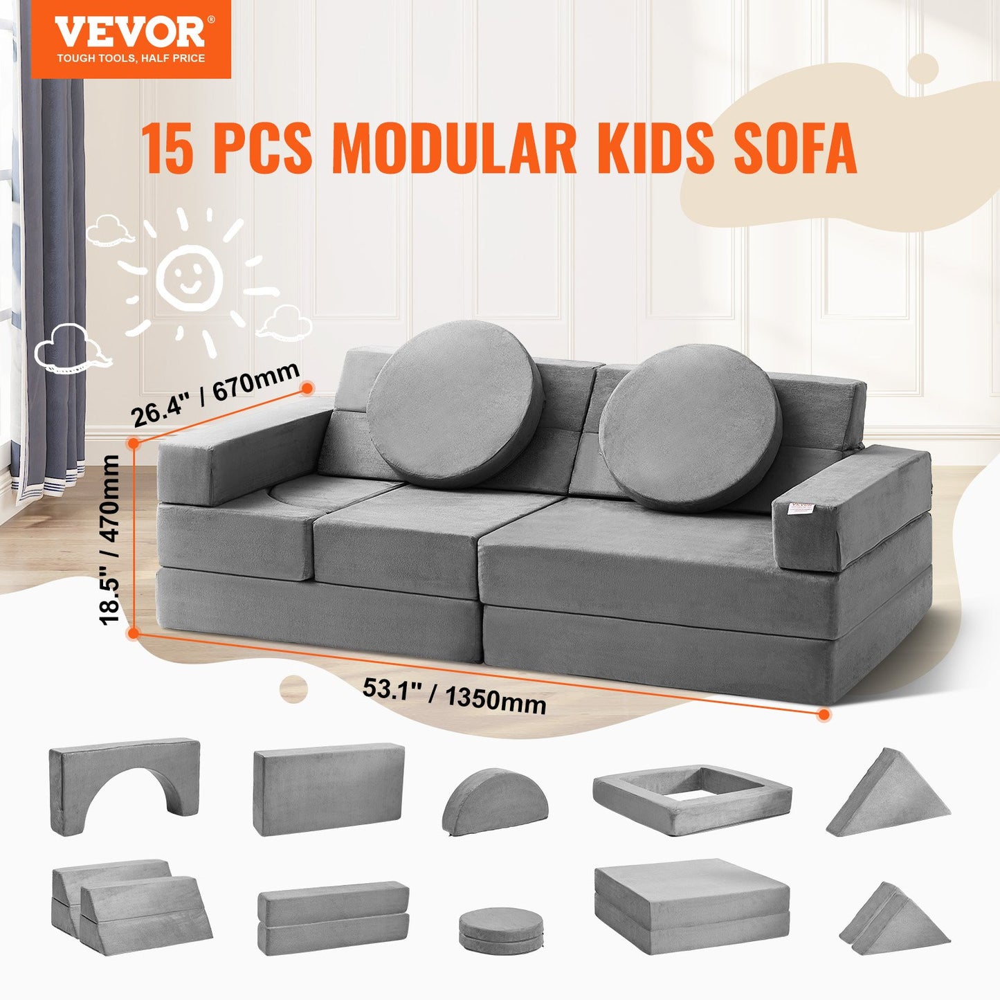 Spielsofa, 15-teiliges modulares Kinder-Nugget-Sofa, Kleinkinder-Schaumstoffsofa mit 25D-Schwamm mit hoher Dichte zum Spielen, Gestalten, Schlafen, fantasievolle Kindermöbel für Schlafzimmer und Spielzimmer