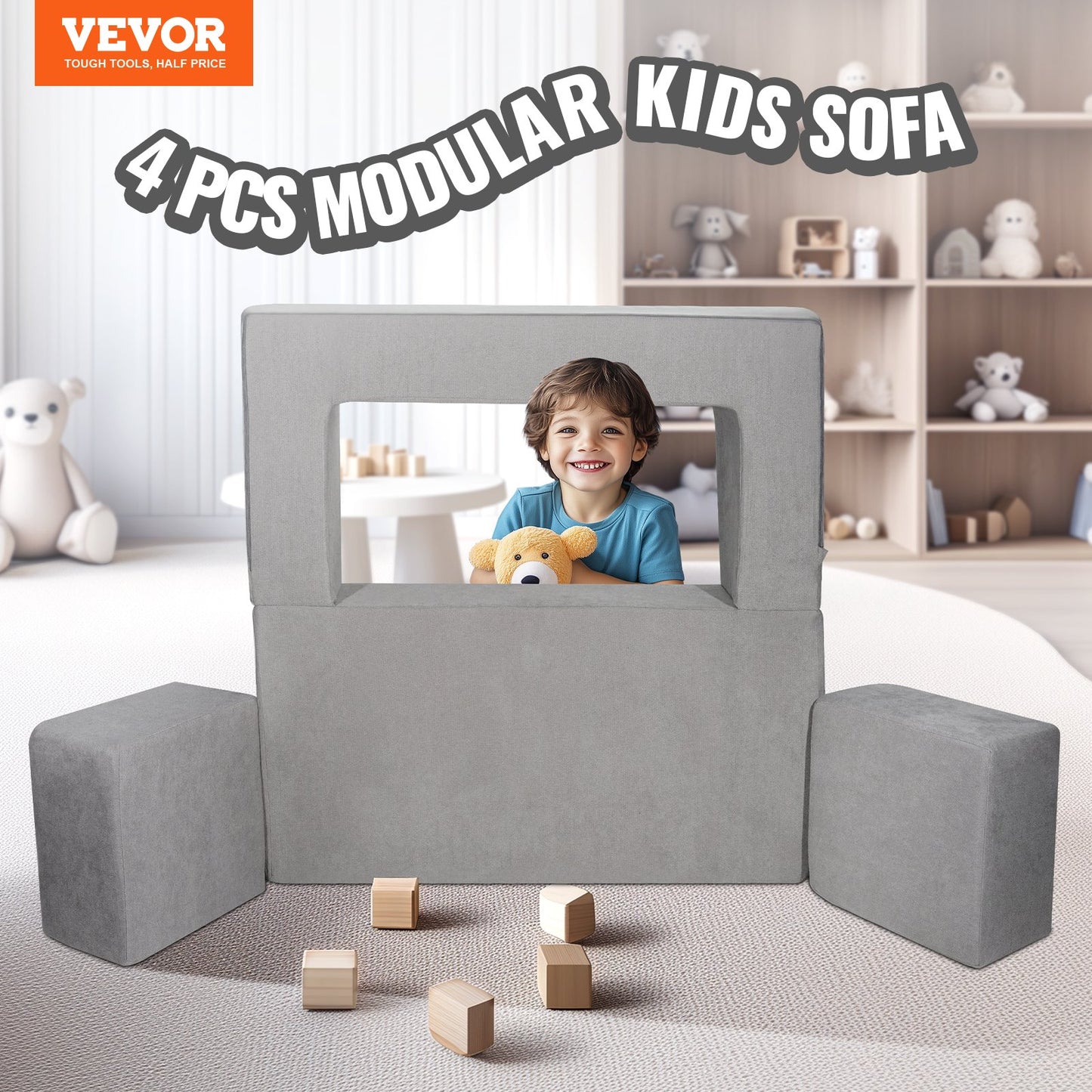 Modular Play Sofa for Kids 4pcs DIY Creative Sectional Sofa for Kids Dark Grey