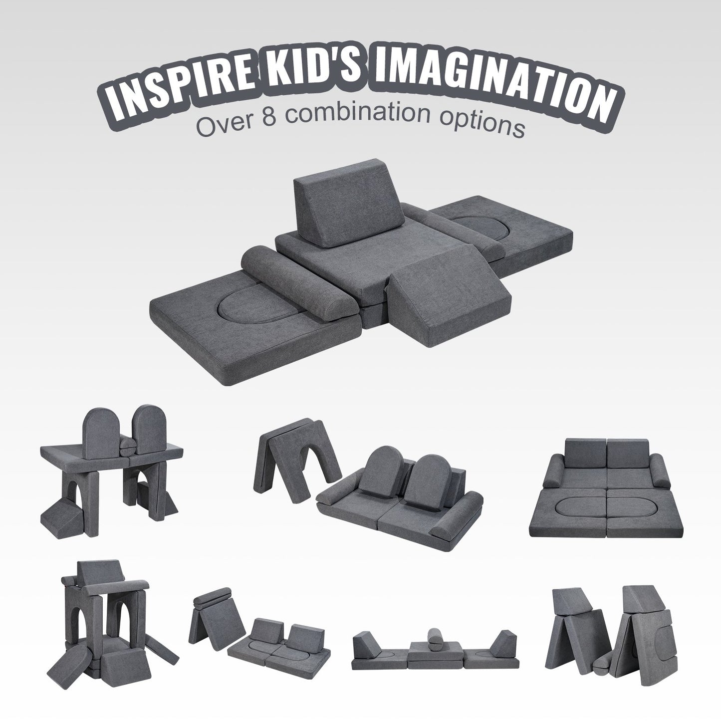 Kids Couch, 10Pcs Modular Kids Play Couch, Toddler Couch Sofa Bed, Kids Chair Seat Playroom Furniture, Kids Sofa with Removable Cover for Kids Girls & Boys, Grey