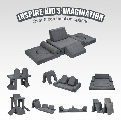 Kids Couch, 10Pcs Modular Kids Play Couch, Toddler Couch Sofa Bed, Kids Chair Seat Playroom Furniture, Kids Sofa with Removable Cover for Kids Girls & Boys, Grey