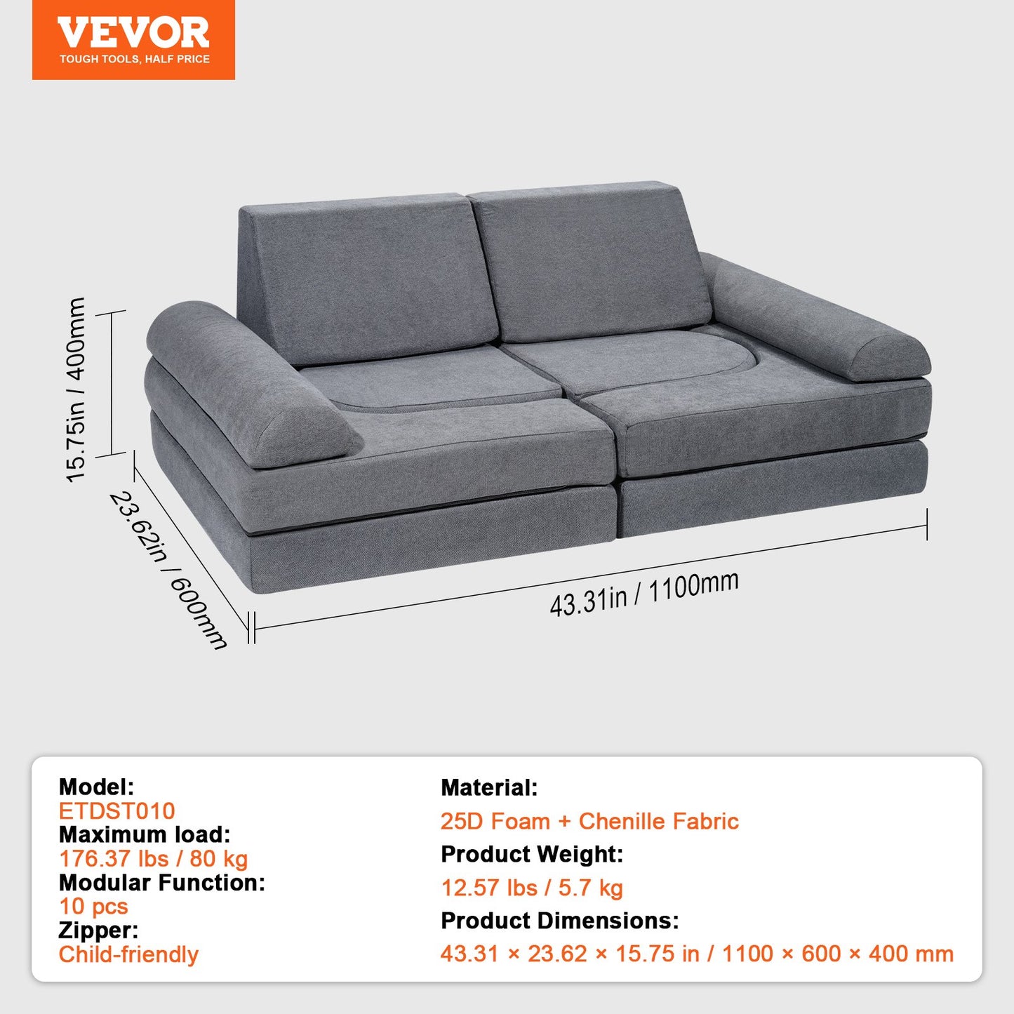 Kids Couch, 10Pcs Modular Kids Play Couch, Toddler Couch Sofa Bed, Kids Chair Seat Playroom Furniture, Kids Sofa with Removable Cover for Kids Girls & Boys, Grey