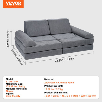 Kids Couch, 10Pcs Modular Kids Play Couch, Toddler Couch Sofa Bed, Kids Chair Seat Playroom Furniture, Kids Sofa with Removable Cover for Kids Girls & Boys, Grey