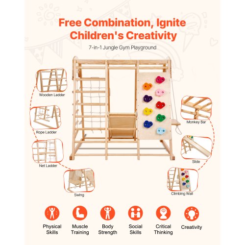Klängamp inomhus, 7-i-1 inomhuslekplats för småbarn, 109 x 120 x 119,5 cm, med trä- och repstege, nätstege, gunga, klätterställning, rutschkana, klättervägg, träleksaker för inomhusklättring |  EU