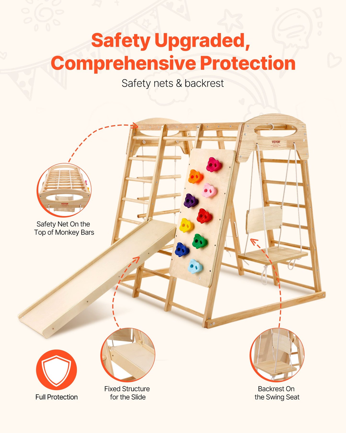 Indoor Jungle Gym, 7-in-1 Toddler Indoor Playground, 43 x 47.2 x 47 inch, with Wood and Rope Ladder, Net Ladder, Swing, Monkey Bar, Slide, Climbing Wall, Wooden Indoor Climbing Toys for Kids