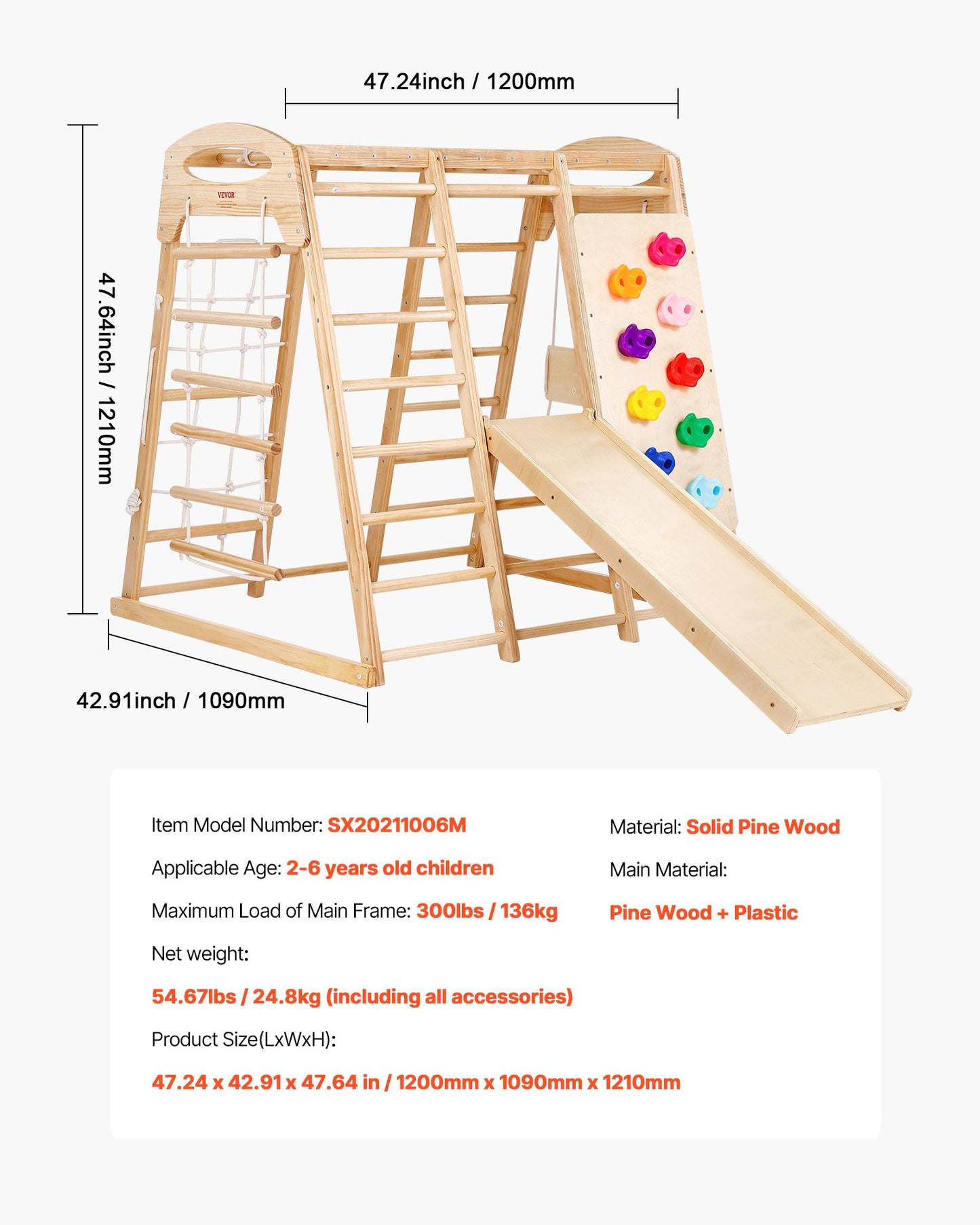 Indoor Jungle Gym, 7-in-1 Toddler Indoor Playground, 43 x 47.2 x 47 inch, with Wood and Rope Ladder, Net Ladder, Swing, Monkey Bar, Slide, Climbing Wall, Wooden Indoor Climbing Toys for Kids