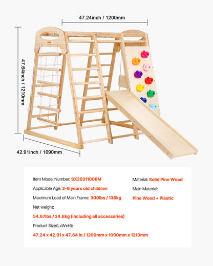 Indoor Jungle Gym, 7-in-1 Toddler Indoor Playground, 43 x 47.2 x 47 inch, with Wood and Rope Ladder, Net Ladder, Swing, Monkey Bar, Slide, Climbing Wall, Wooden Indoor Climbing Toys for Kids