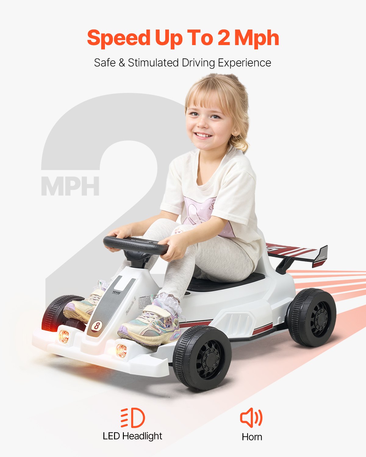 Electric Go Kart, 6V 4.5Ah Battery, Pedal Go Kart Portable Outdoor Race Toy for Kids Ages 2+, 20000 RPM Motor, 2 MPH Constant Speed, LED Headlight & Horn, Non-slip Tires, 44 lbs Max Load, White