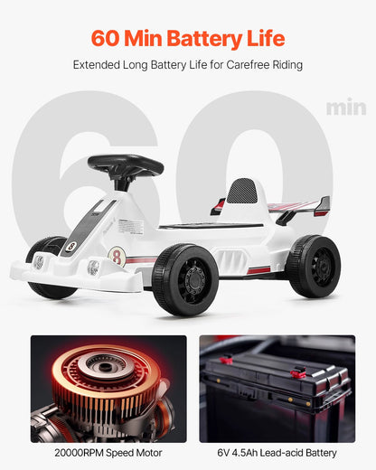Electric Go Kart, 6V 4.5Ah Battery, Pedal Go Kart Portable Outdoor Race Toy for Kids Ages 2+, 20000 RPM Motor, 2 MPH Constant Speed, LED Headlight & Horn, Non-slip Tires, 44 lbs Max Load, White
