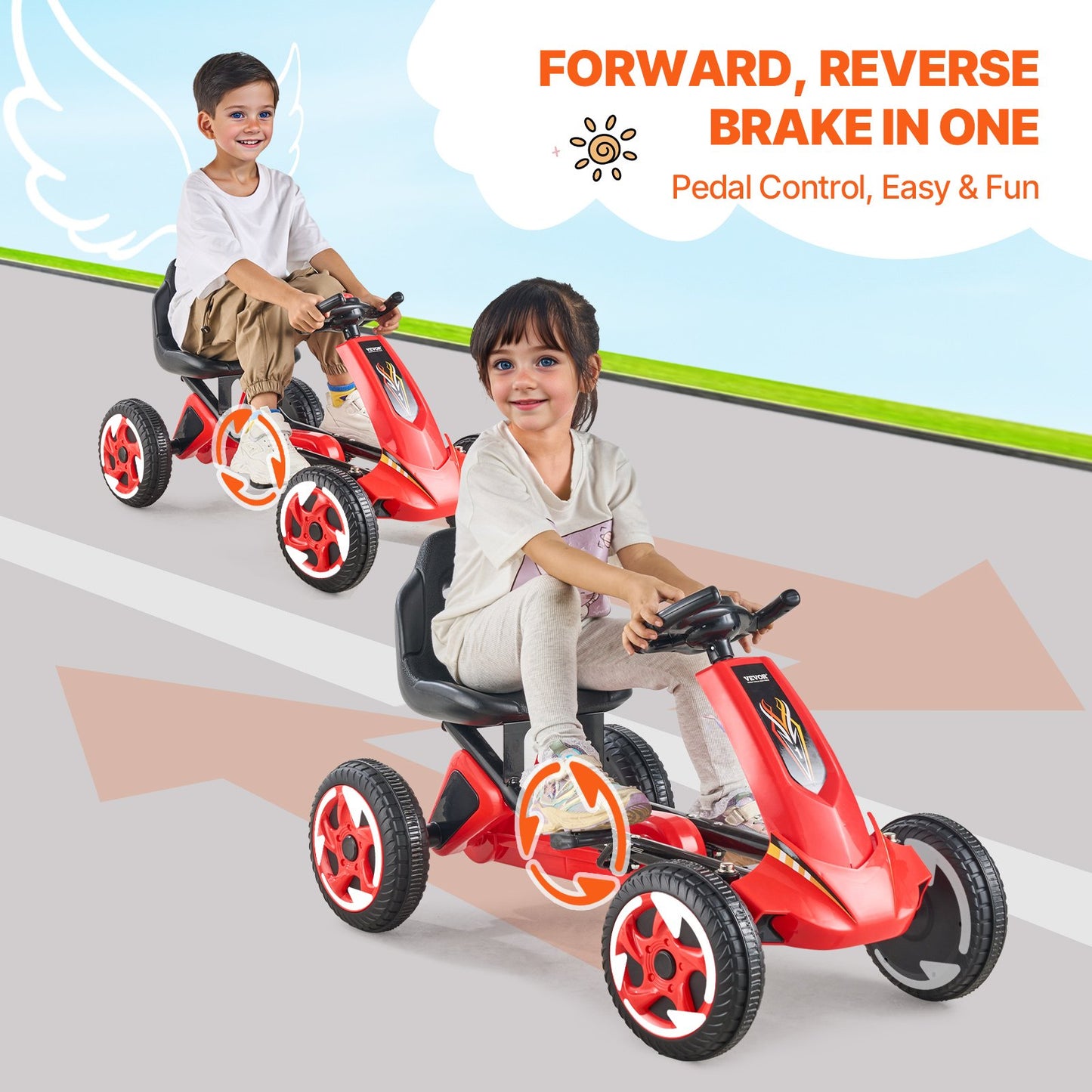 Go Kart 4 Wheels Pedal Ride On Toy for Kids Ages 3-8 Adjustable Seat Red