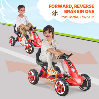 Go Kart 4 Wheels Pedal Ride On Toy for Kids Ages 3-8 Adjustable Seat Red