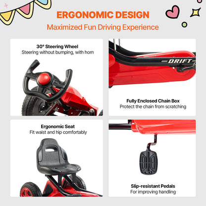 Go Kart 4 Wheels Pedal Ride On Toy for Kids Ages 3-8 Adjustable Seat Red